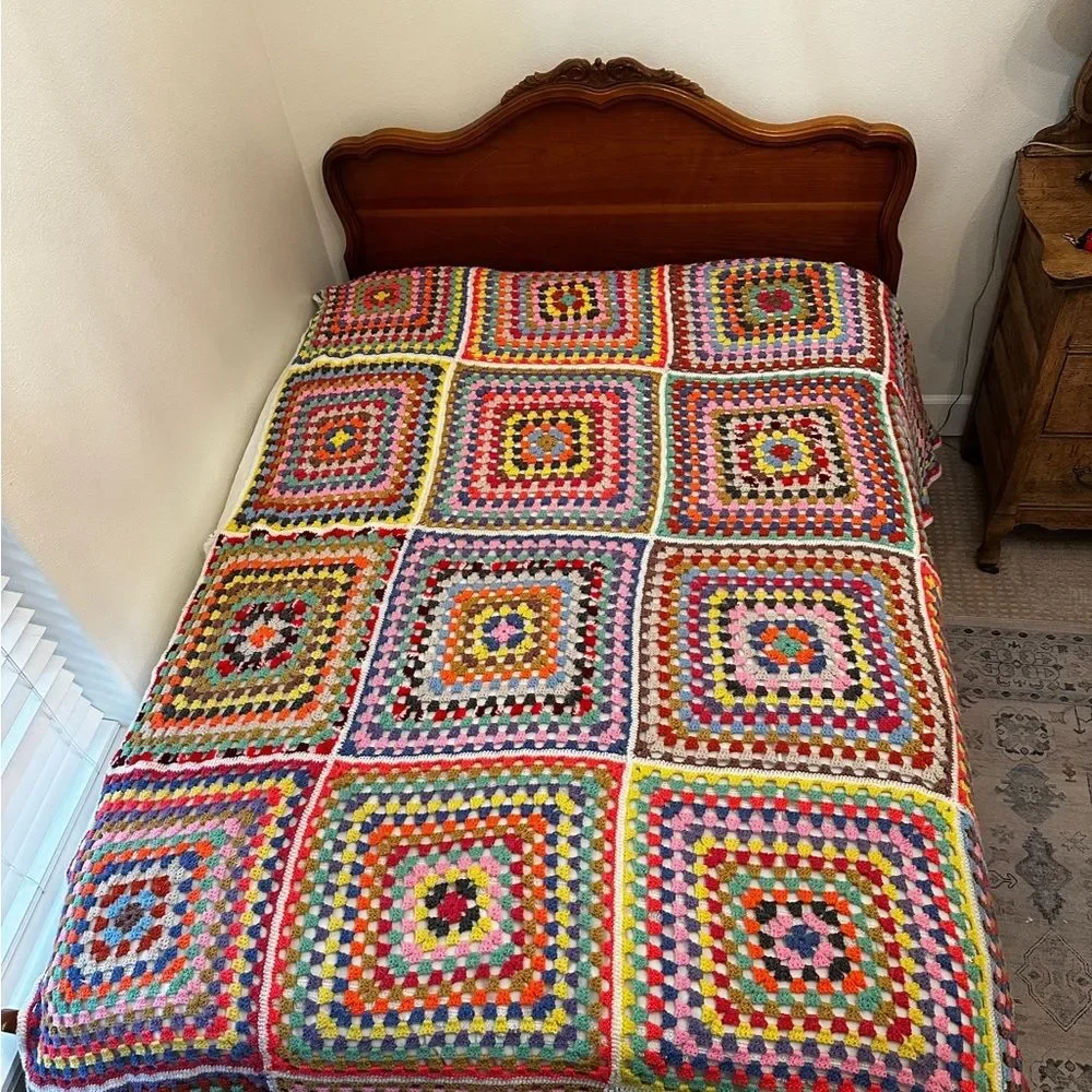 VTG Crochet Granny Square Blanket Handmade Afghan Boho Cottagecore Full Retro